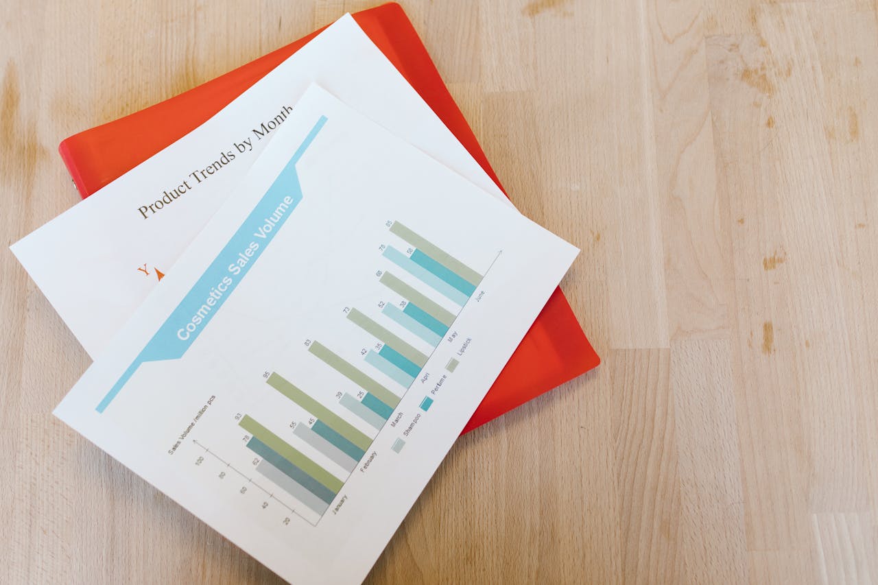our-experience Top view of a cosmetics sales volume report with charts on a wooden desk.